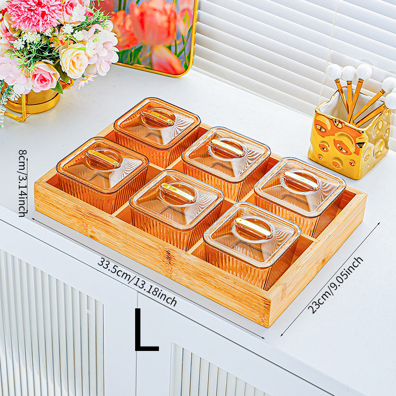 Plato de 6 compartimentos de PET ámbar a rayas con base de madera dorada