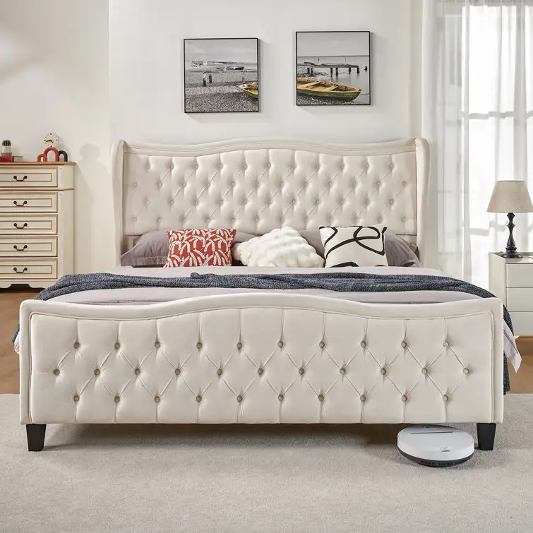 Tête de lit de luxe en velours blanc Kainice avec boutons profonds pour lits queen Shelter Side Wavy Tufted Design Bed Frame