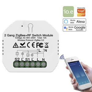Smart <strong>Zigbee</strong> Switch <strong>Module</strong> RF Mode 2 Gang 10A 90-250V Tuya Smart Works <strong>with</strong> Alexa and Google Assistant EU Standard - Product Image 1