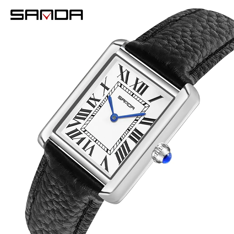 SANDA orologi da polso rettangolari per donna cassa in argento orologi da donna cinturino in pelle di lusso orologio al quarzo zegarek damski 1108