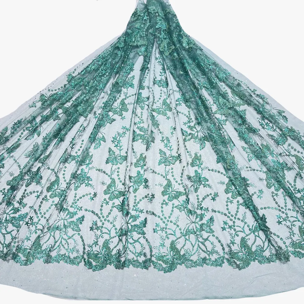 Motif papillon vert perlé tulle imprimé paillettes tissu à paillettes pour robe de bal