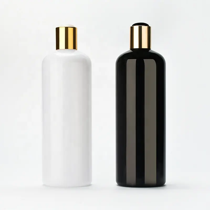 Champú vacío 100ml 150ml 200ml 250ml 500ml botella de plástico PET blanco claro negro ámbar azul con tapa superior de disco blanco negro dorado