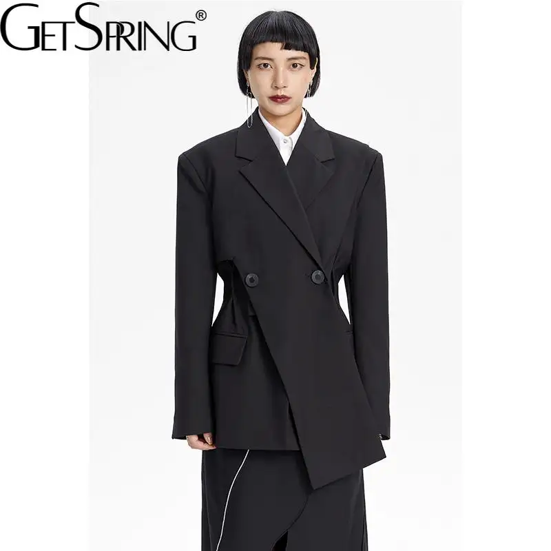 Getspring Blazer Hitam Vintage Wanita, Blazer dan Jaket Asimetris Warna Solid Panjang Musim Gugur untuk Perempuan