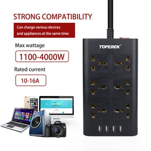 Zócalo de extensión funcional múltiple con certificado CE con 6 salidas universales y 4 enchufes USB EU 10A 2500W - Product Image 1