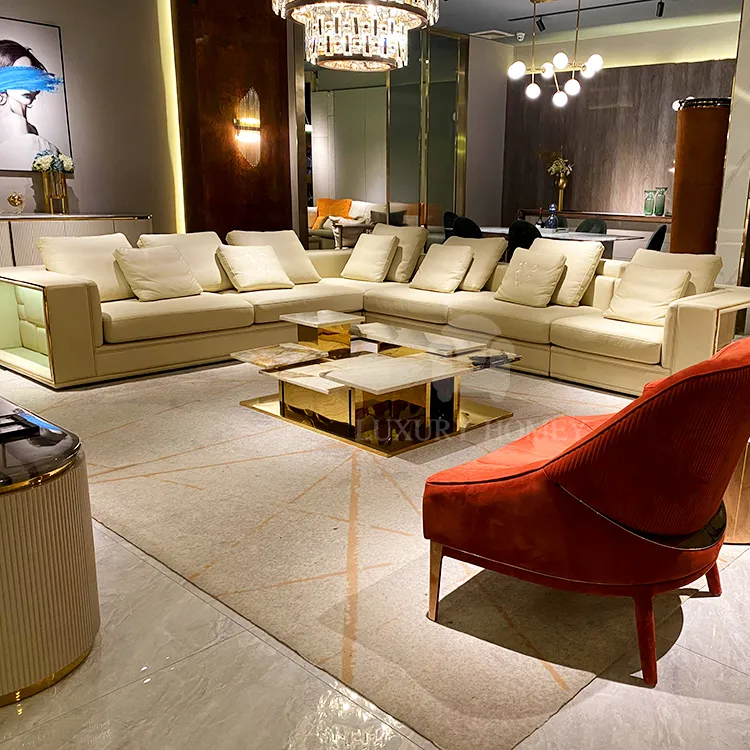 Ultimi disegni di mobili in legno italiani divano componibile in pelle a forma di U soggiorno a forma di L Set di divani luminosi a LED mobili per la casa