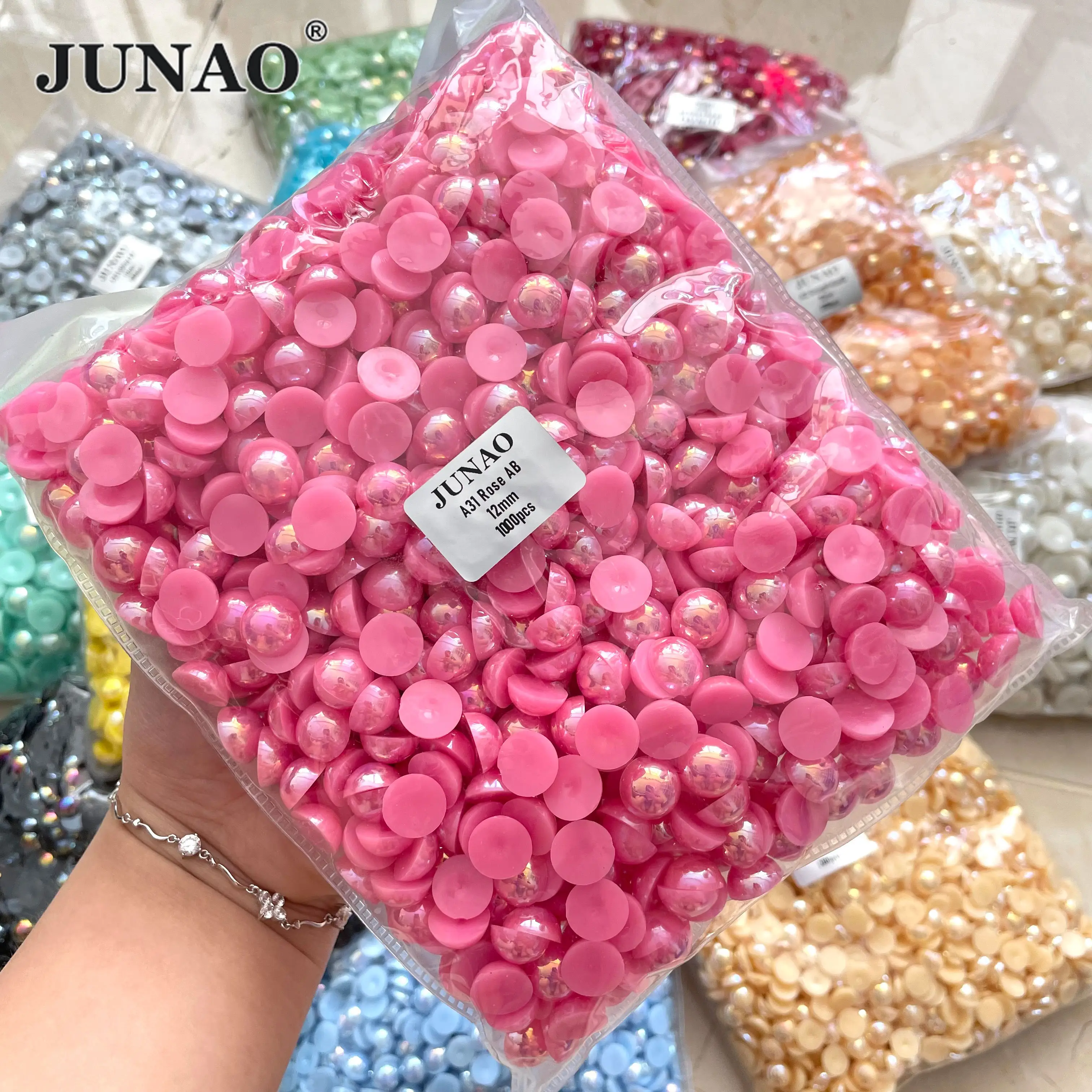 JUNAO शीर्ष गुणवत्ता 2mm 3mm 4mm 12mm 14mm प्लास्टिक अर्द्ध मोती गहरे गुलाबी अटल बिहारी Flatback मोती मोती पोशाक की सजावट के लिए