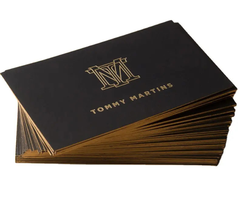 Papel de impresión personalizado negro, papel de impresión en caliente, lámina dorada, tarjeta de visita lateral, barato