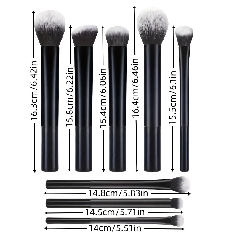 Pinceaux de maquillage noirs à long manche - Noir (lot de 8)