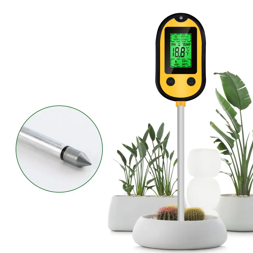 Digitas Handheld 5 em 1 detector do solo do LCD, medidor do PH do solo da temperatura da luz solar da umidade para plantas do jardim