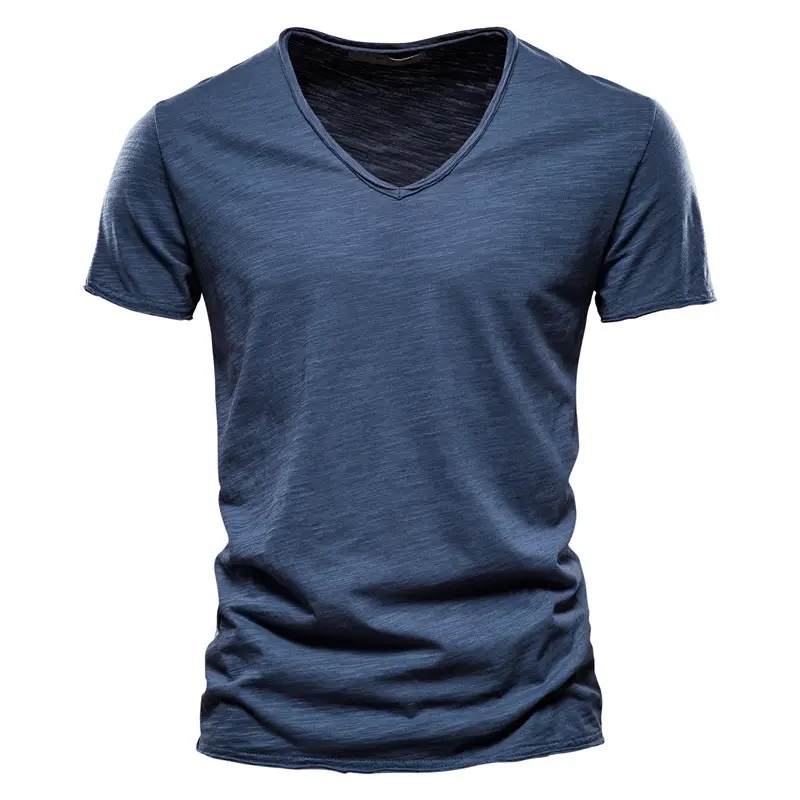 Camiseta masculina de manga curta com gola V, algodão puro e cor sólida, novidade verão 2024
