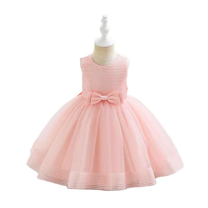 Vestidos infantis de malha listrados para festas e meninas, vestidos de verão sem mangas fofos de tule até o joelho, vestidos infantis para crianças