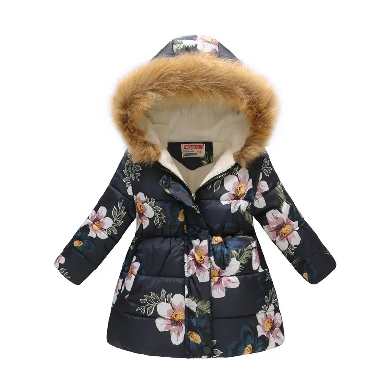 Cappotto con stampa multicolore per ragazzi e ragazze top cappotto da neve per bambini in cotone con cappuccio e collo lungo in pelliccia per bambini