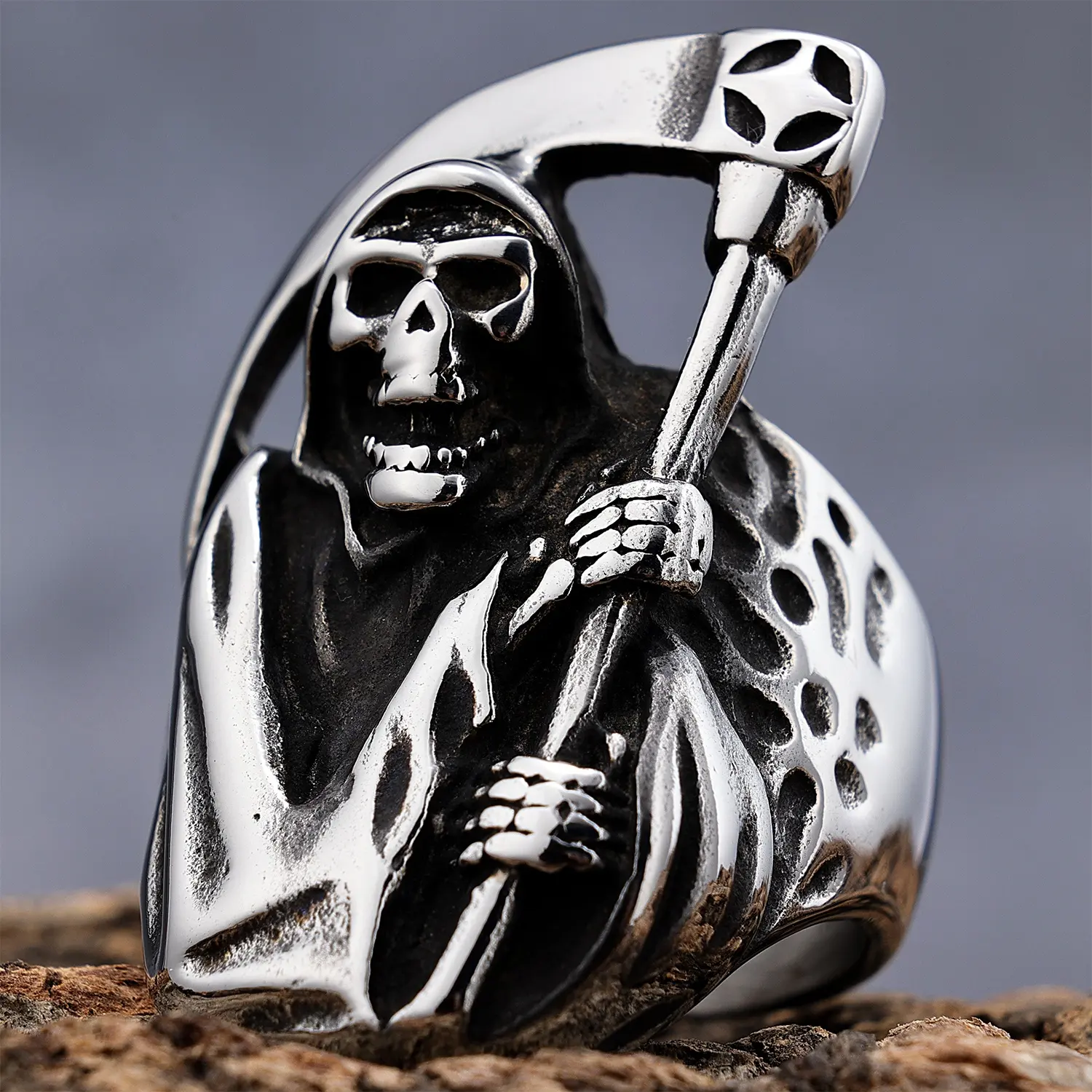 Anelli con teschio della morte del grim reaper vintage in acciaio inossidabile dal design personalizzato per uomo donna taglia 7-15