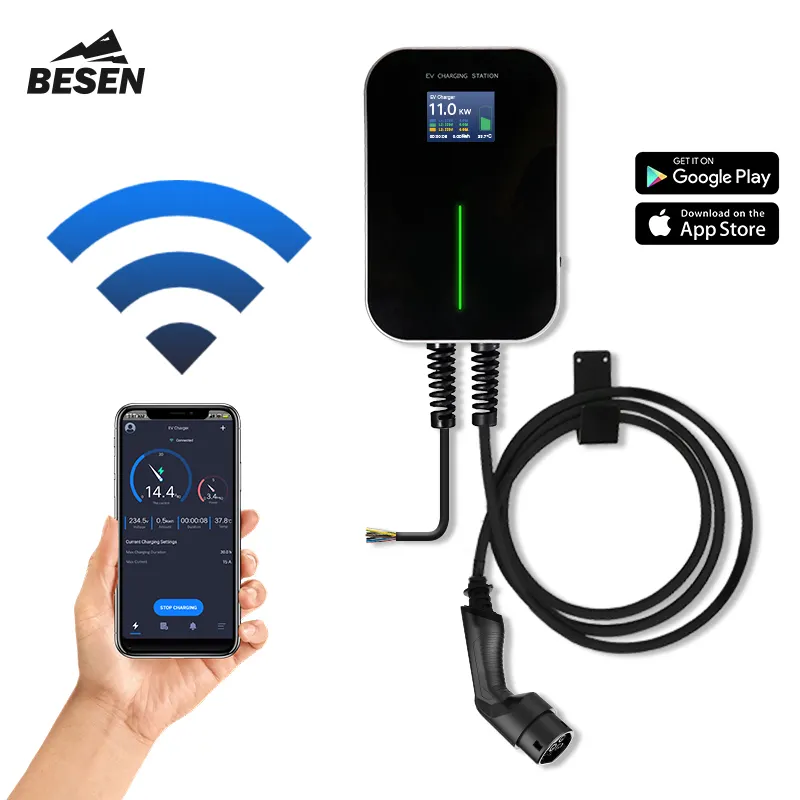 BESEN 7kW 22kW EV 충전기 스테이션 16-32A APP OCPP 4G/이더넷 SAE J1772 IEC62196-2 GB/T 레벨 2 전기 자동차 충전 파일