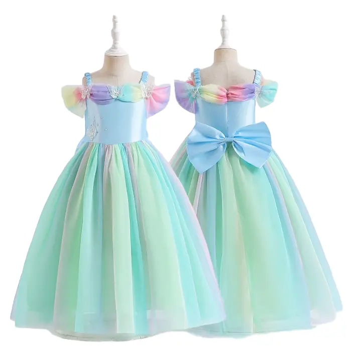2024 Summer New Arrival Ruffle Sleeve Rainbow Carton Girls Dress Off-Shoulder Bows Cute Puff Tulle Princess Dress