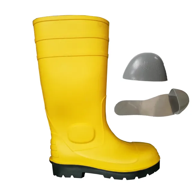 Amarelo PVC botas de chuva de segurança amarelo estilo de segurança com biqueira de aço e chapa de wellington botas de borracha à prova d' água