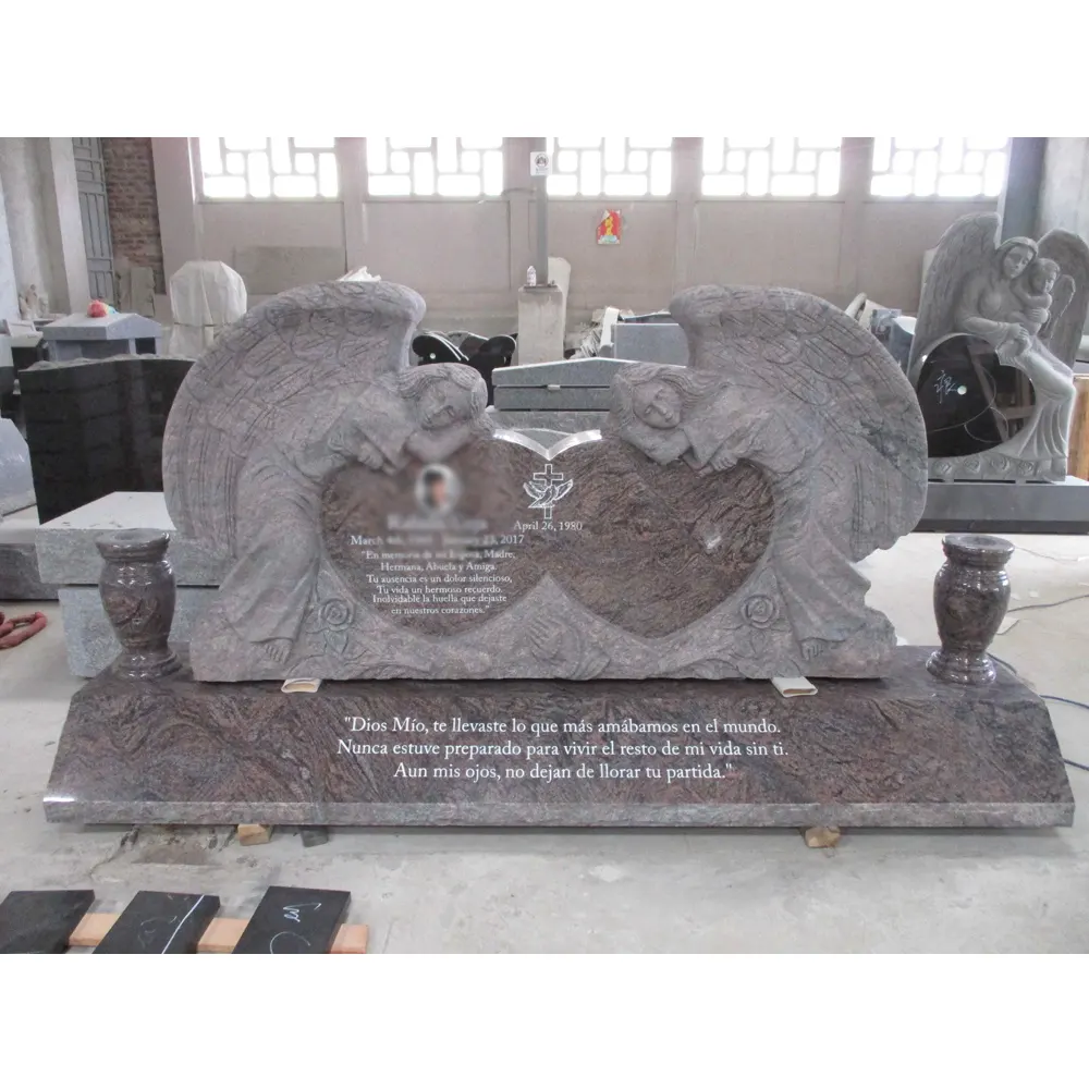 Polished Carved Multicolor Granite Stone Angel And Double Heart Headstone