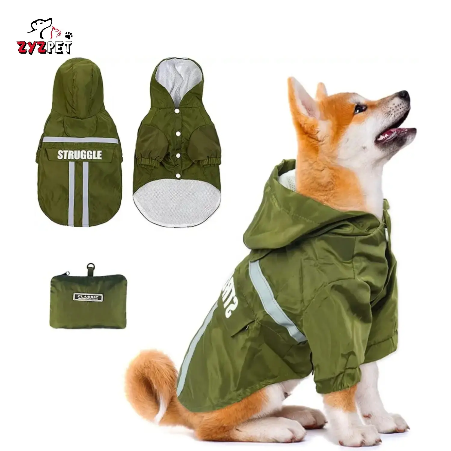 ZYZPET犬のレインコート大型犬のジャケット犬の服のアパレルとアクセサリー反射ストライプレインギア