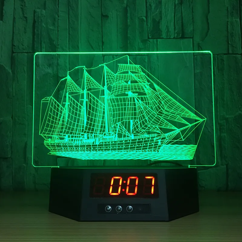 Cool Alarm Clock Lamp 7 Color Changing Led 3D Night Building Light para dormitorio Club Kids Proyector láser Room Wall Home