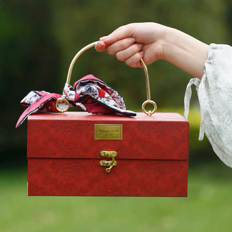 Red gift box + Raffia grass + silk scarf