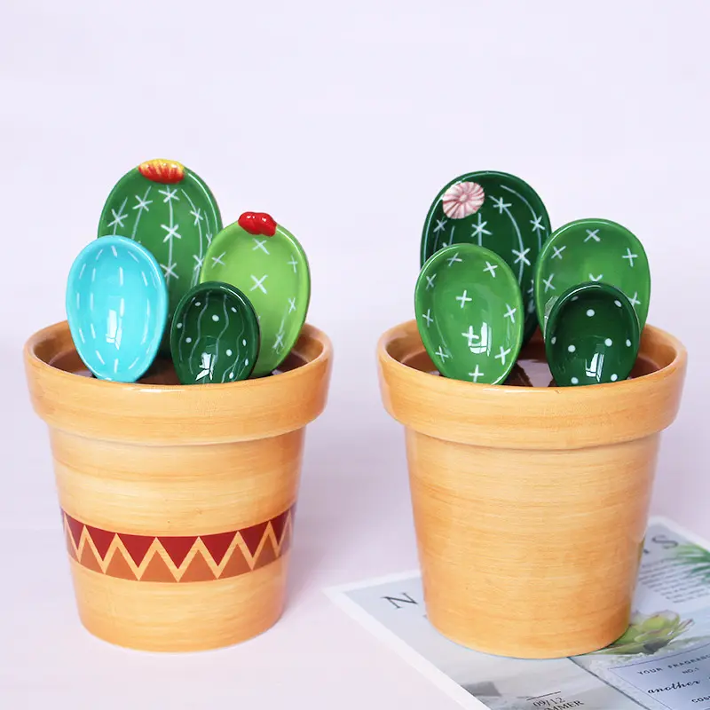 Groothandel Creatieve Cactus Keramische Lepel Huishouden Keuken Bakken Carving Meten Keramische Lepel Met Base Holder