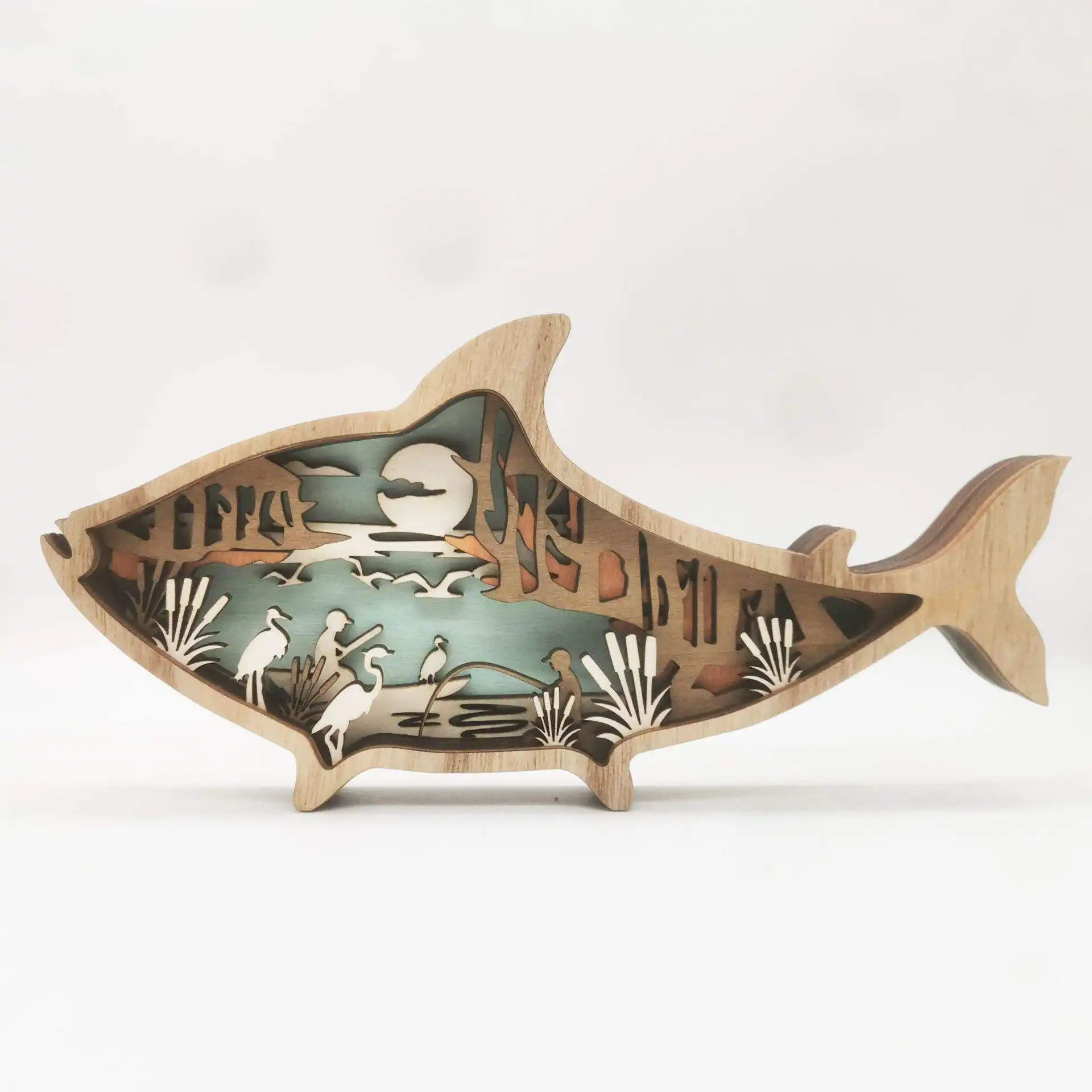 3D Light Exquisite personalizza soggiorno decorazione della casa pesce intaglio del legno piccoli ornamenti
