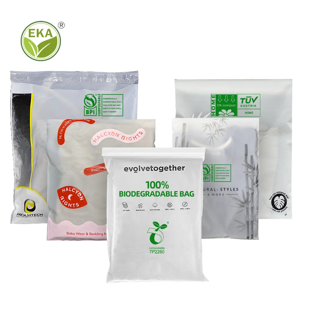 Sacs biodégradables en plastique 100% PLA sacs de fécule de maïs emballage de vêtement compostable avec robinet auto-adhésif