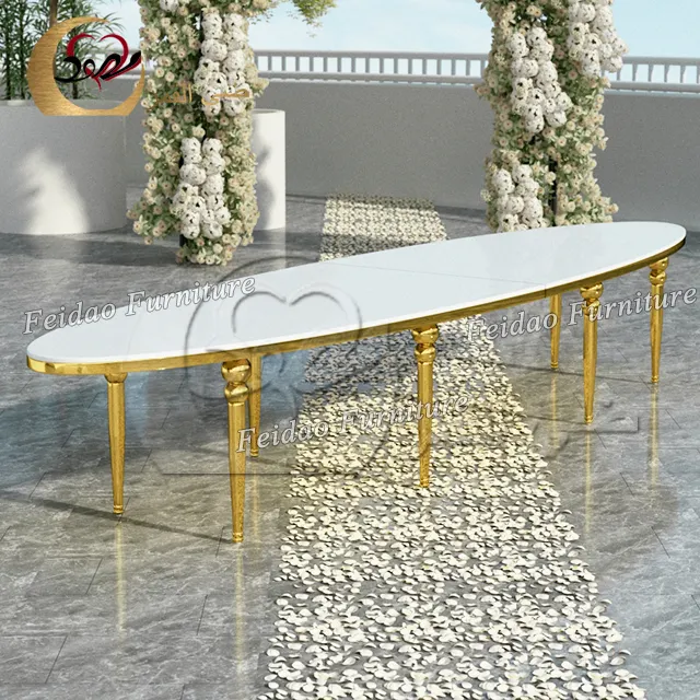 Tabelas e cadeiras de banquete de ouro, alto brilho, forma oval, banquete branco mdf, sala de jantar