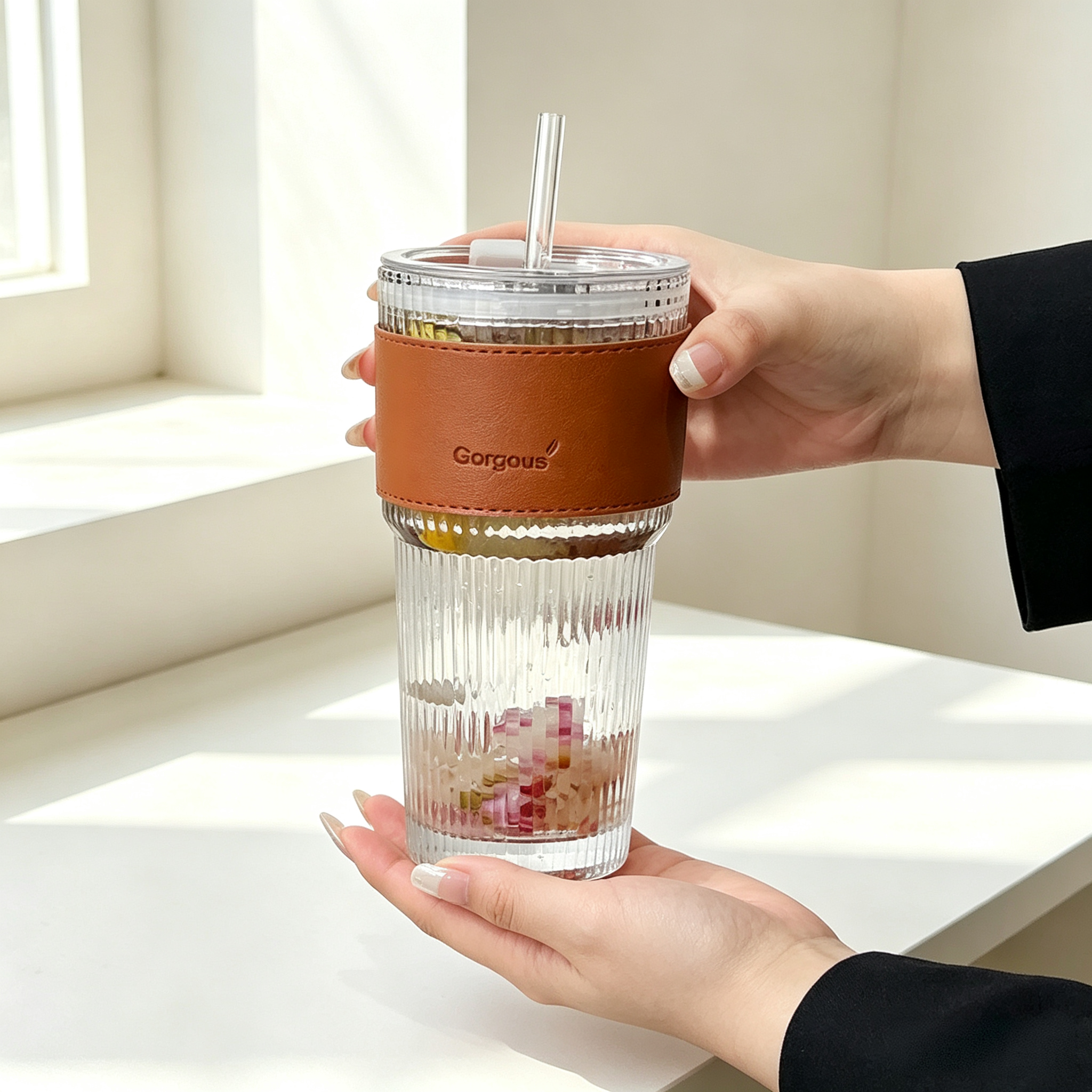 Cup, straw, lid, brown cup cover