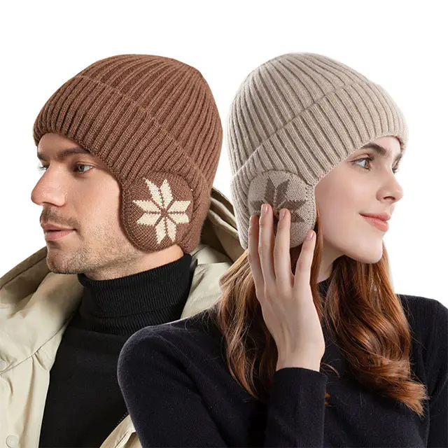 หมวกบีนนี่มีที่ปิดหูสำหรับผู้ชายและผู้หญิง, หมวกถักลายบุขนสัตว์มีที่ปิดหูสำหรับฤดูหนาว