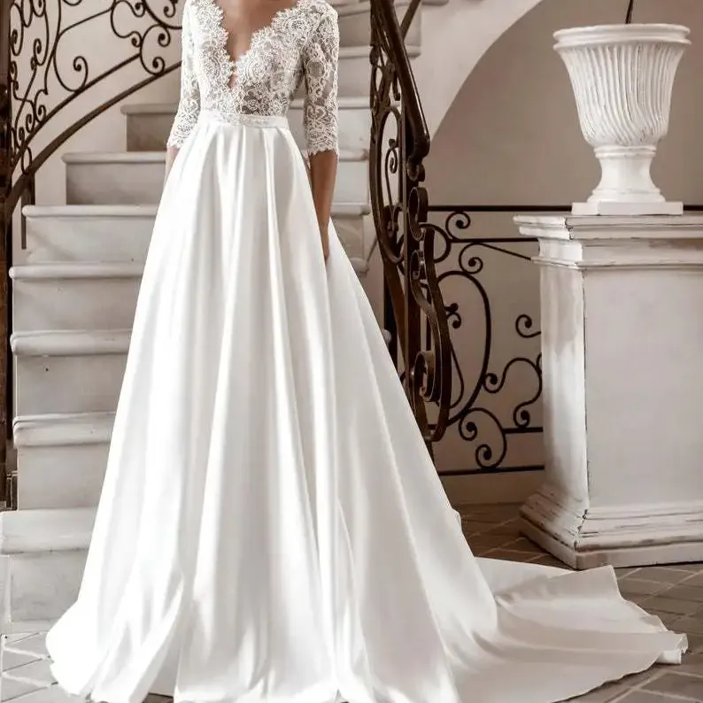 Mode 2023 robe de cérémonie Illusion hors épaule jupe col en V profond une ligne jupe de sol femmes robe de mariée en dentelle