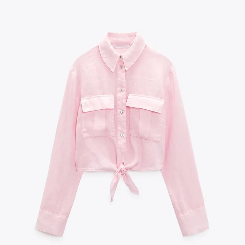 Color Rosa bolsillos delanteros de manga larga cuello vuelto casual modesto mujeres blusa tops