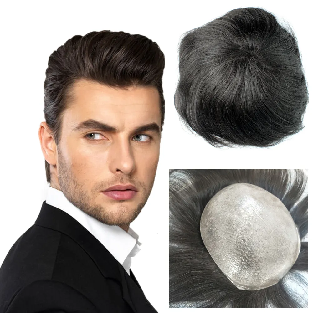 Toptan en kaliteli ucuz 100% bakire brezilyalı İnsan saç değiştirme erkekler peruk doğal başlık ipek taban PU peruk