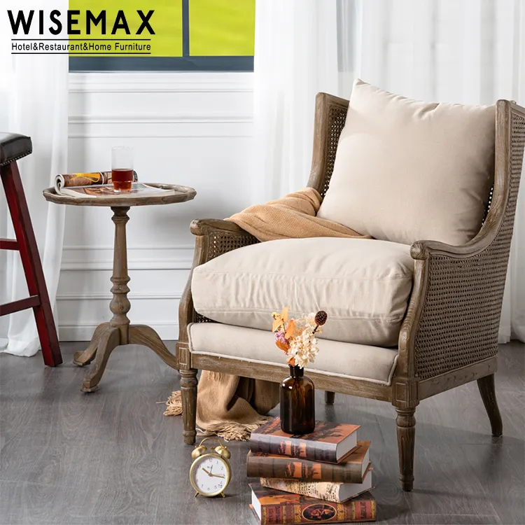 WISEMAX FURNITURE French design oak old wood frame leisure chair Rattan backrest wooden living room chair with roman column legs