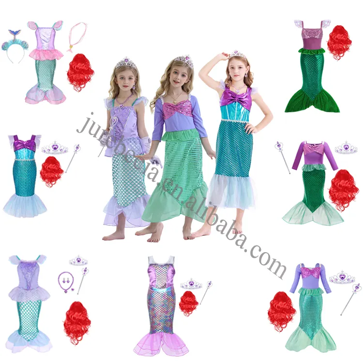 Vestido de Halloween para niños, disfraz de sirena pequeña, disfraz de princesa para niña, vestidos de Cosplay con peluca