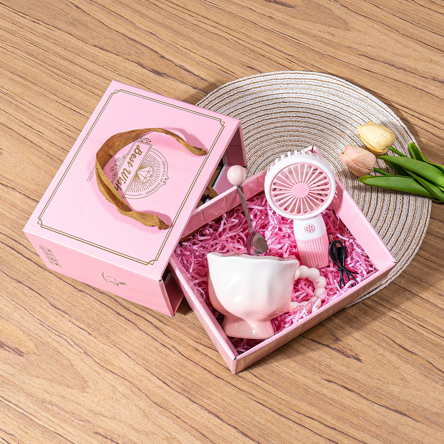 Cucchiaio con manico perlato sfumato rosa nuovo ventaglio rosa confezione regalo