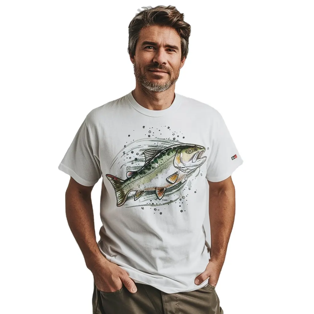 Camiseta personalizada de manga corta de pescado de 100% poliéster UPF 50 + protección solar UV para pesca, barco, Playa