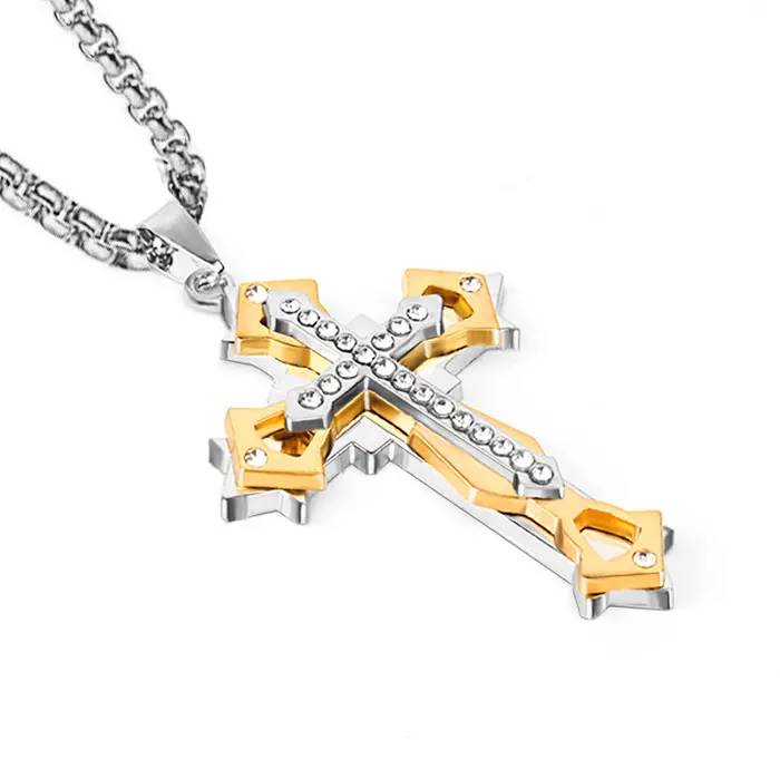 2023 инкрустированное горным хрусталем ожерелье из нержавеющей стали с цепью властная Мода крест ювелирные изделия Хип-хоп оптовая продажа
