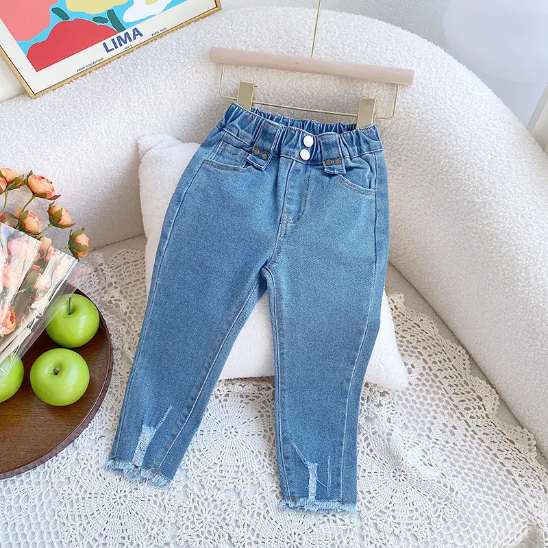 Calças jeans de algodão doce casual para meninas, calças lápis jeans para crianças outono primavera 2024