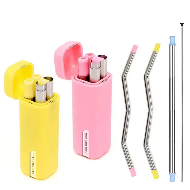 Hot Sale Metal BPA free stainless steel 304 Portable Shaped Collapsible foldable Drinking Straw with Cleaning Brush
