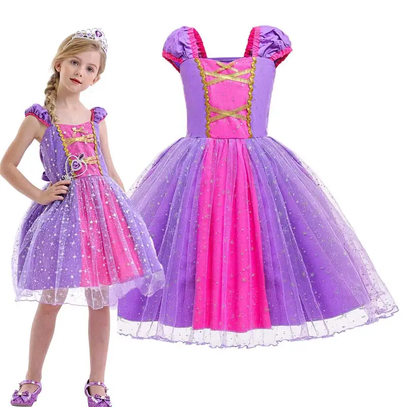 Atacado Brilhante Aniversário Bebê Meninas Rapunzel princesa vestido roxo GPHC-005