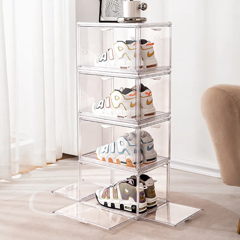 Boîtes à chaussures transparentes en acrylique à plusieurs modes d'ouverture, boîte de rangement en plastique pour chaussures de baskets avec logo personnalisé