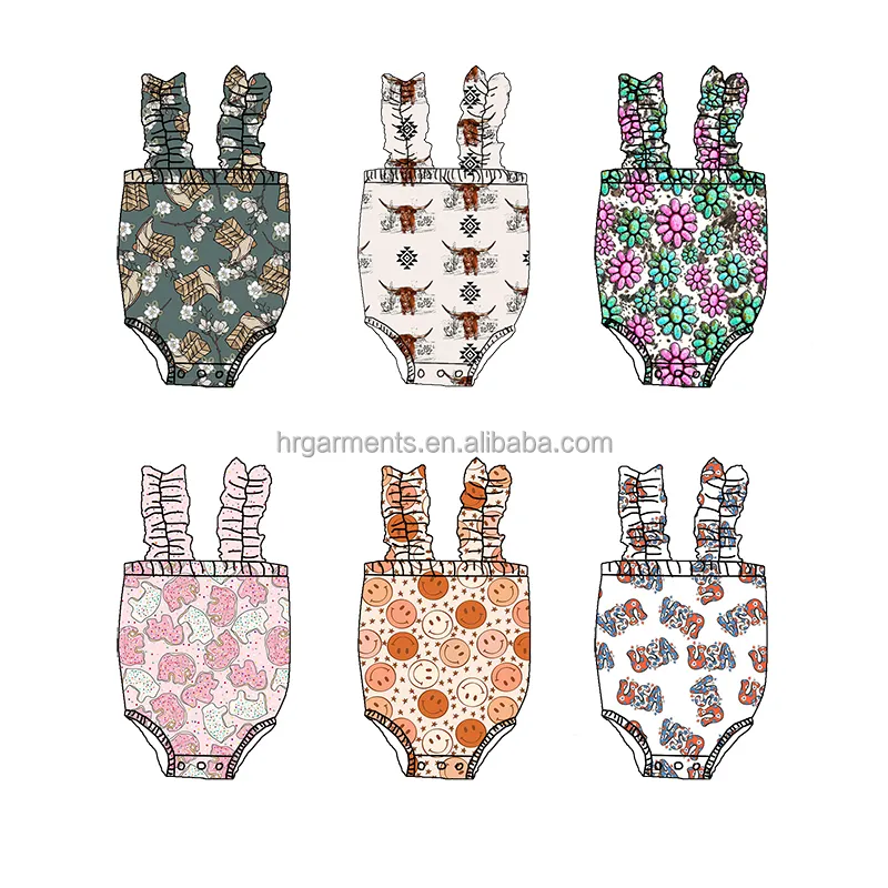 Trendy Western Cowgirl Print Kids Gegolfde Sling Rompertjes Op Maat Gemaakte Peuter Baby Maillots