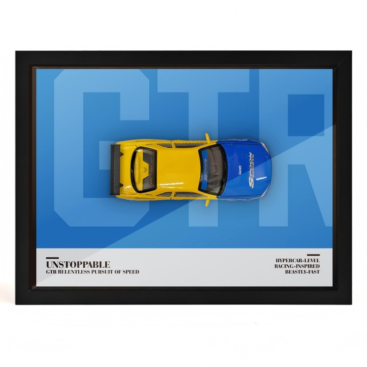 Boîte à photos suspendue modèle A4 - GTR bleu et jaune sans éclairage.