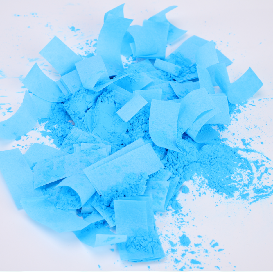 confettis bleus et poudre