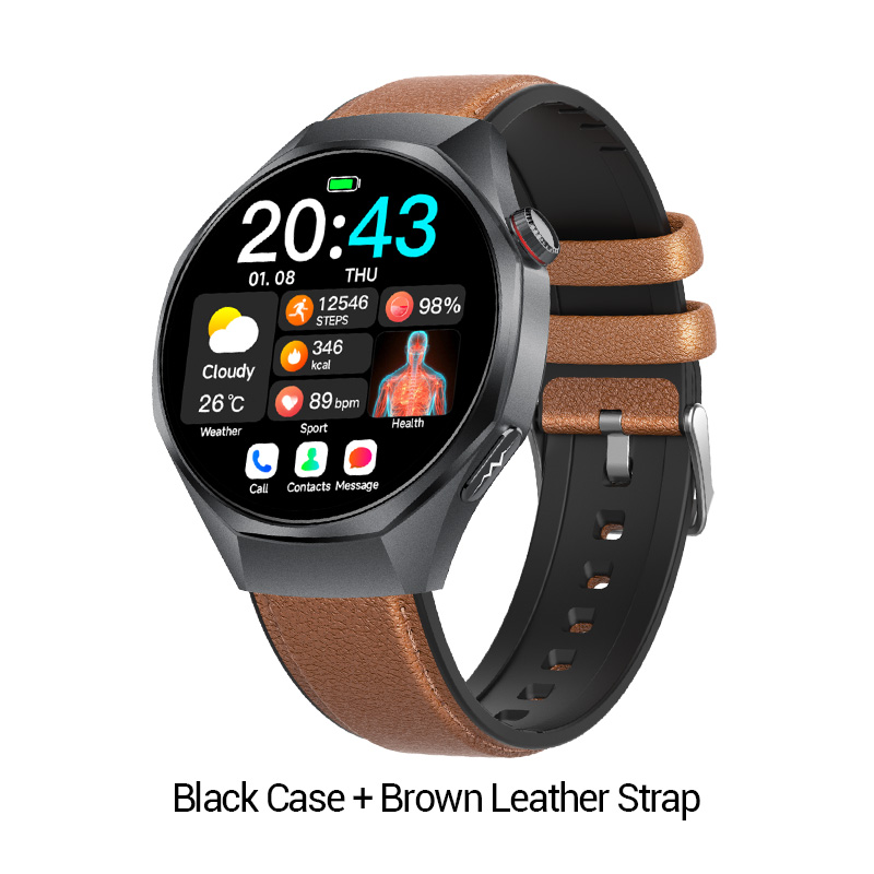 Boîtier noir + bracelet en cuir marron
