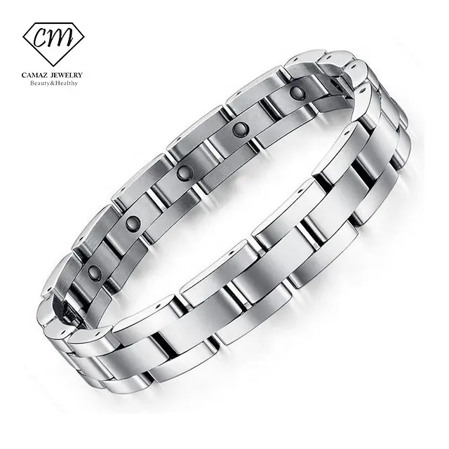 Pulsera magnética de cadena de acero inoxidable para hombre, brazalete de hematita con logotipo personalizado, ajustable, Plata