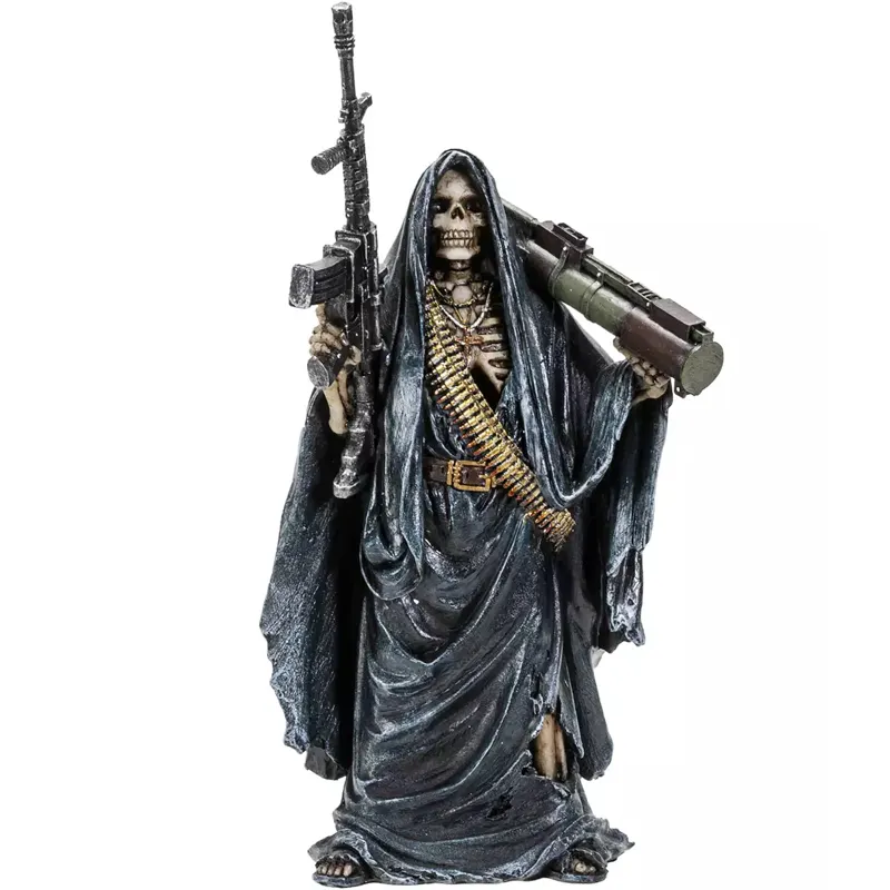 Estatua de Halloween de saint of holy death personalizada, figurita de resina grim reaper con submáquinas, escultura de asesino de Santa Muerte