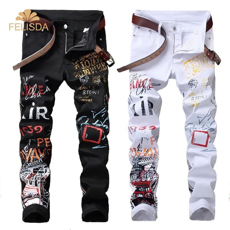 Pantalones vaqueros de estilo Hip Hop para hombre, Jeans de marca de diseñador, color blanco y negro, Punk, de talla grande, para Club nocturno