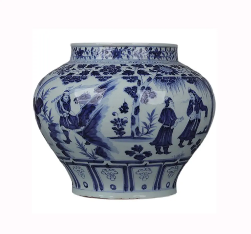 Fabricante personalizado de jarrones de porcelana azul y blanca y artesanías con figuras antiguas pintadas a mano en Jingdezhen